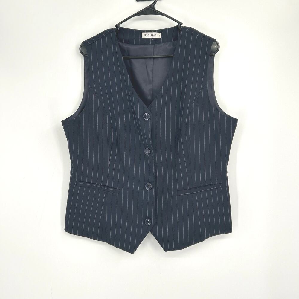Grace Karin Blue Striped Button Front Business Office Vest Size XL
